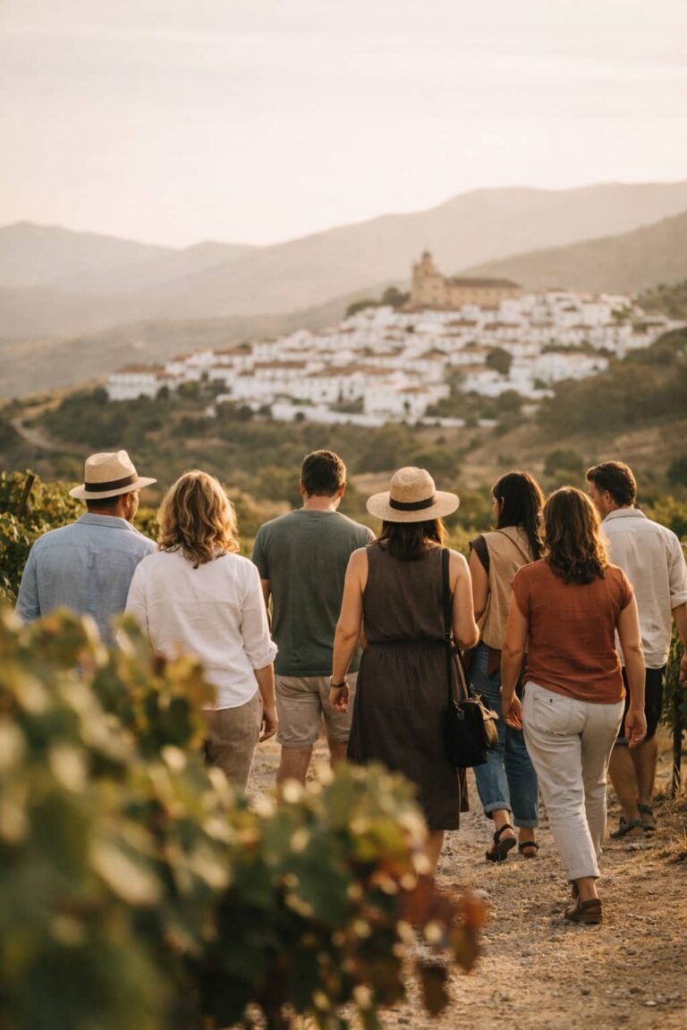 Small group walking through a vineyard near Malaga